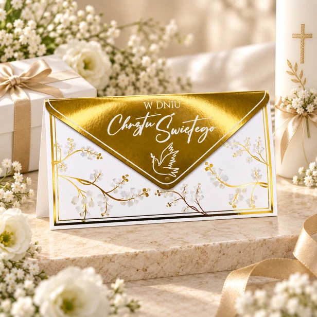 Koperta na pieniądze na Chrzest Święty z życzeniami | SacraEnvelope™ GOLDEN DOVE