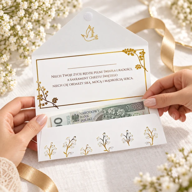 Koperta na pieniądze na Chrzest Święty z życzeniami | SacraEnvelope™ GOLDEN DOVE