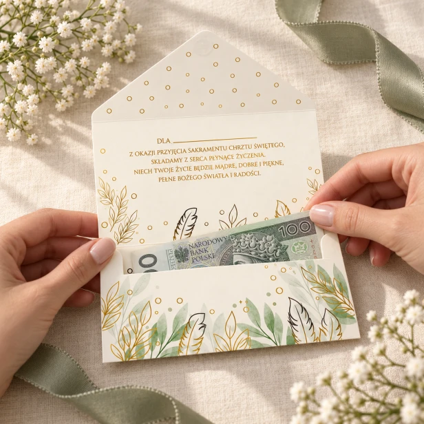 Koperta na pieniądze na Chrzest Święty z życzeniami | SacraEnvelope™ BOTANICA CALIX