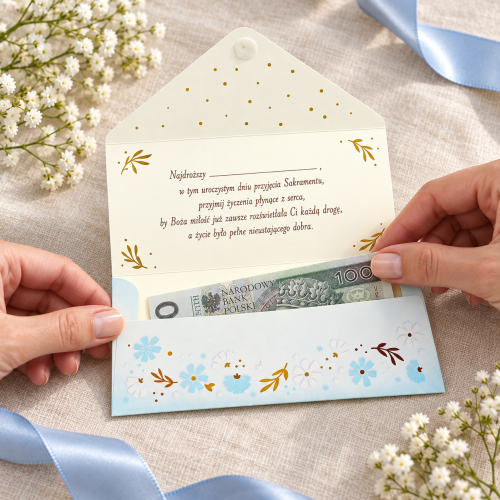Koperta na pieniądze na Chrzest Święty z życzeniami | SacraEnvelope™ BLUE BLOSSOM