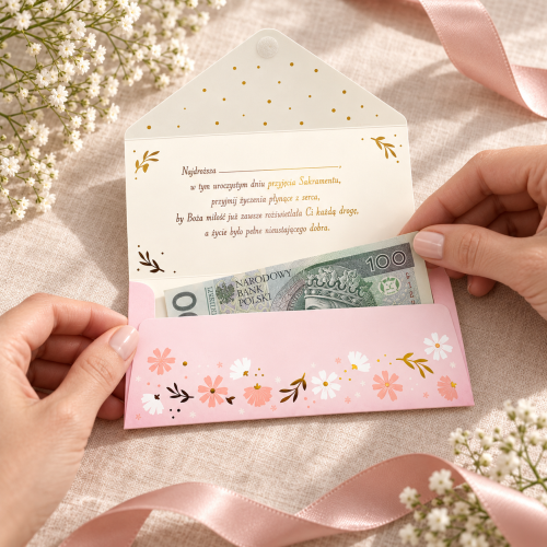 Koperta na pieniądze na Chrzest Święty z życzeniami | SacraEnvelope™ ROSE BLOSSOM