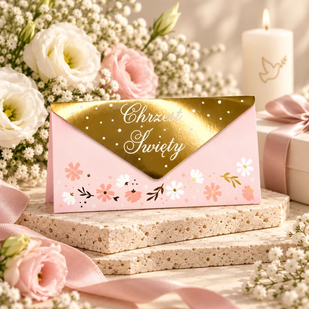 Koperta na pieniądze na Chrzest Święty z życzeniami | SacraEnvelope™ ROSE BLOSSOM