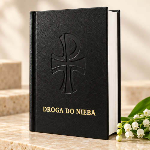 Zbliżenie na tłoczoną okładkę czarnego modlitewnika Droga do Nieba