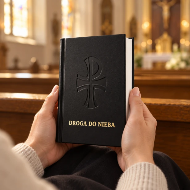 Czarny modlitewnik Droga do Nieba trzymany w dłoniach w kościele