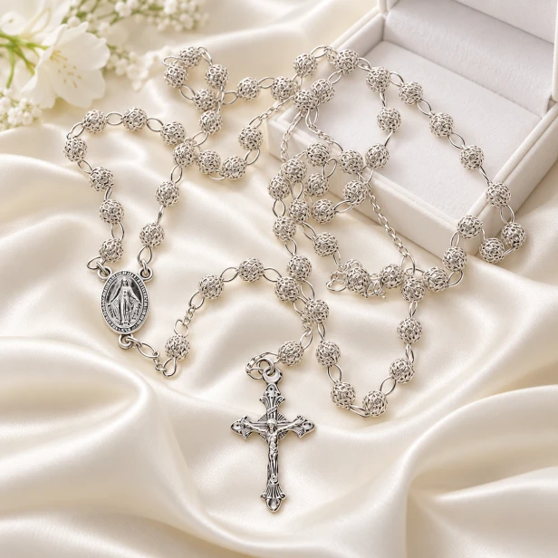 Srebrny różaniec z ażurowymi paciorkami – prezent religijny