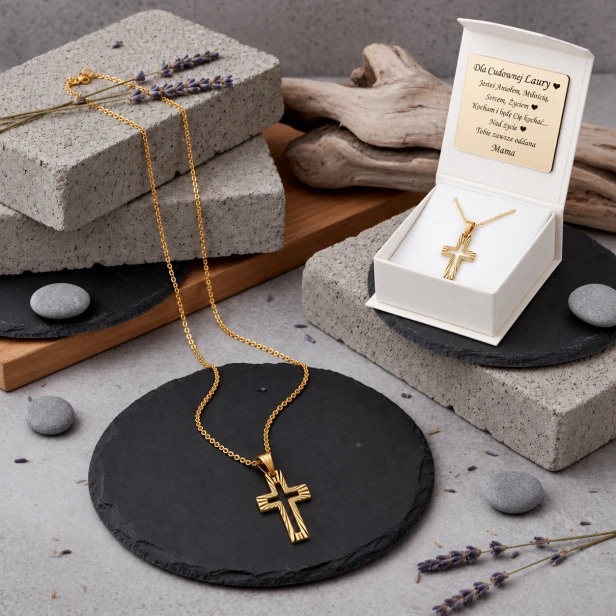 Złoty komplet Krzyżyk diamentowany z łańcuszkiem pr. 585 – personalizowana pamiątka wiary i miłości