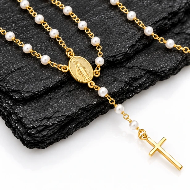 Różaniec naszyjnikowy srebrny pozłacany 925 z perełkami 3,5 mm – 50 cm | 6,5 G