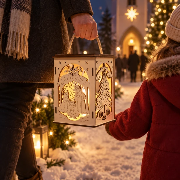Lampion roratni drewniany LED z uchwytem – BIAŁY – Światło Czystości i Nadziei