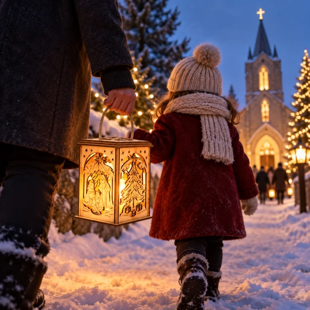 Lampion roratni drewniany LED z uchwytem – OPALANY – Światło Modlitwy i Wiary