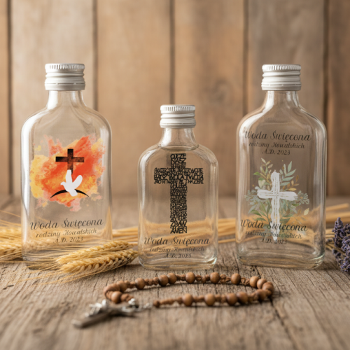 aranżacja rustykalna - Buteleczka na wodę święconą KRZYŻ ŚWIĘTY – szklana 100 ml, personalizacja