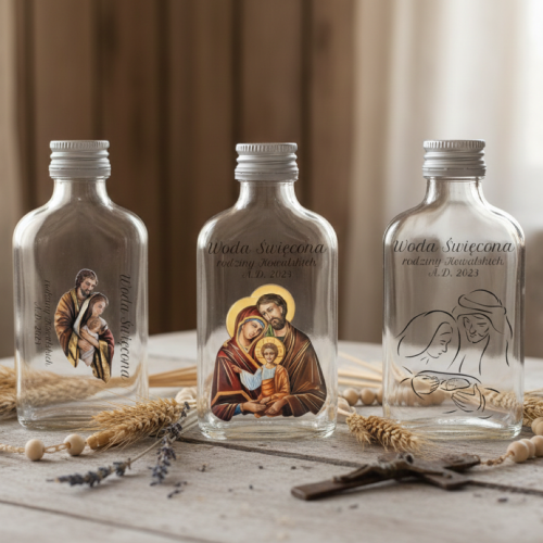 Aranżacja rustykalna -Buteleczka na wodę święconą RODZINA ŚWIĘTA – szklana 100 ml z personalizacją