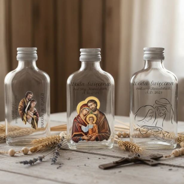 Aranżacja rustykalna -Buteleczka na wodę święconą RODZINA ŚWIĘTA – szklana 100 ml z personalizacją