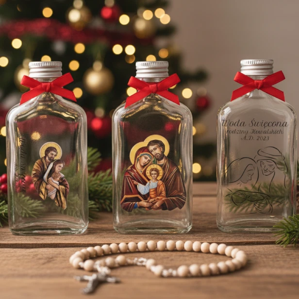 Aranżacja świąteczna -Buteleczka na wodę święconą RODZINA ŚWIĘTA – szklana 100 ml z personalizacją