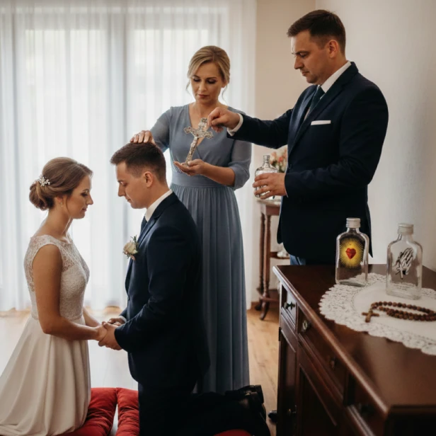 błogosławieństwo Pary Młodej aranżacja - Buteleczka na wodę święconą RODZINA ŚWIĘTA – szklana 100 ml z personalizacją