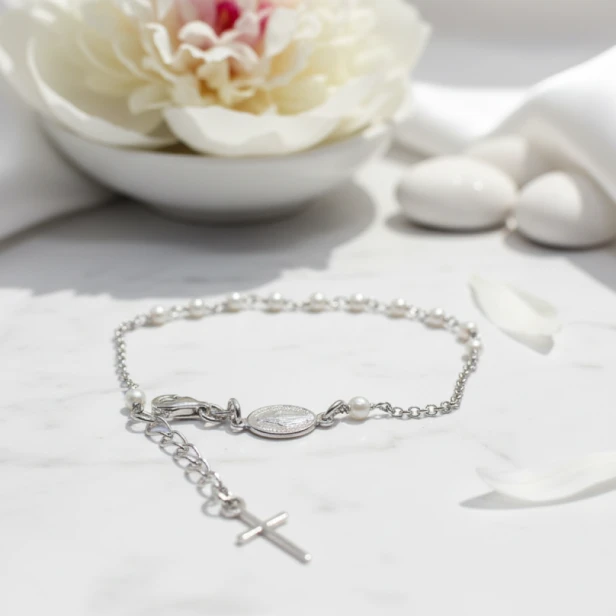 Różaniec srebrny – bransoletka na rękę Biała Perła pr. 925, 3 g