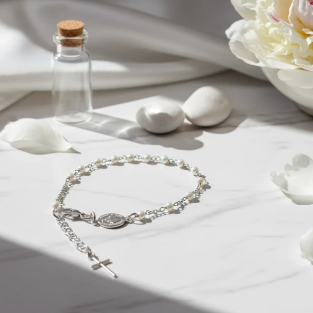 Różaniec srebrny – bransoletka na rękę Biała Perła pr. 925, 3 g
