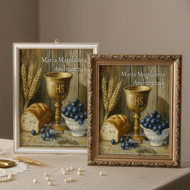 Obraz pamiątkowy na Komunię – Moc Eucharystii, druk na szkle | Linia DOTYK SACRUM™