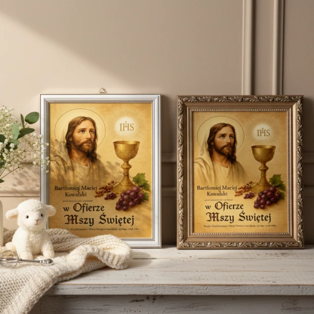 Obraz pamiątkowy na Komunię – Jezus Chrystus Dobry Pasterz, druk na szkle | Linia DOTYK SACRUM™ w aranżacji