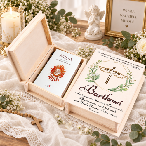 Biblia w pudełku drewnianym EKO ♻ – nadruk Ink-Jet, Pamiątka Sakramentu Bierzmowania
