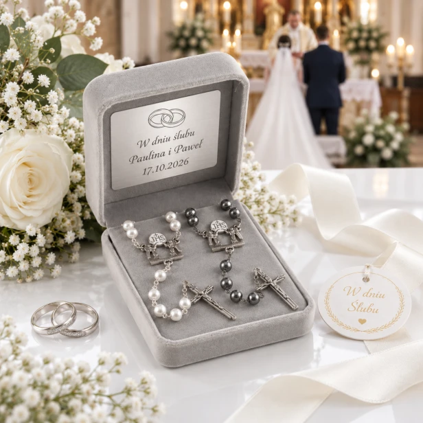 Ślubne różańce w eleganckim pudełku – biały i czarny komplet w flokowanym pudełku | SACRUM AMORE™