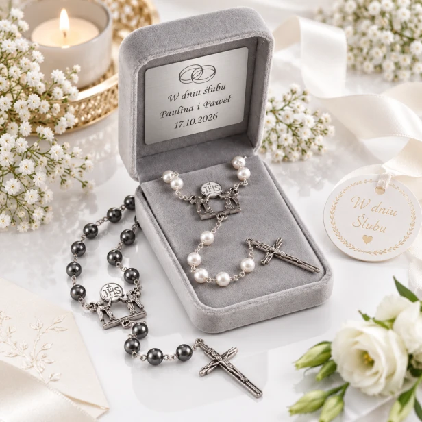 Eleganckie różańce w ślubnej oprawie – biały i czarny komplet w flokowanym pudełku | SACRUM AMORE™