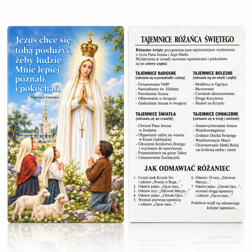 Pocztówka dwustronna z modlitwą Tajemnice Różańca - Objawienia Fatimskie