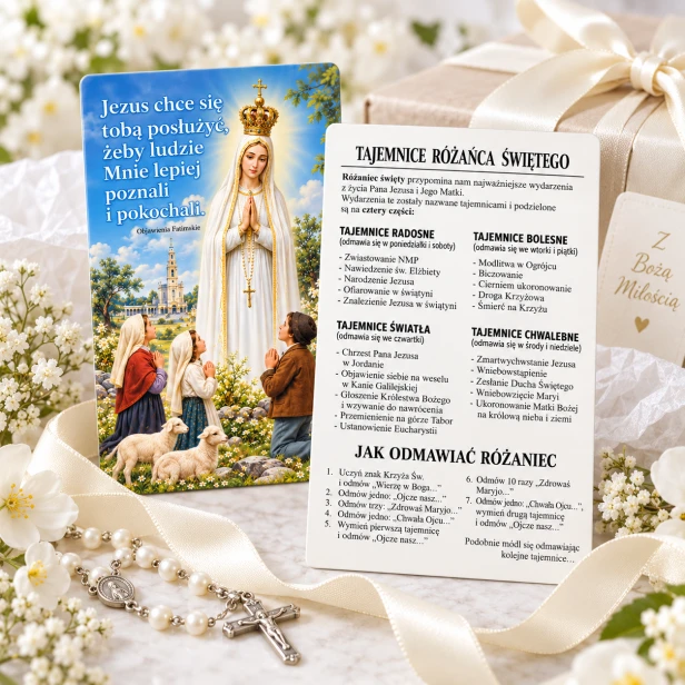 Pocztówka dwustronna z modlitwą Tajemnice Różańca - Objawienia Fatimskie