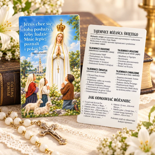 Pocztówka dwustronna z modlitwą Tajemnice Różańca - Objawienia Fatimskie