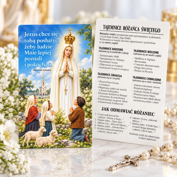 Pocztówka dwustronna z modlitwą Tajemnice Różańca - Objawienia Fatimskie