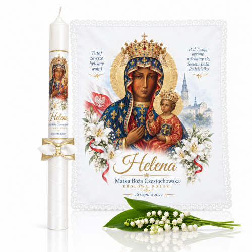Świeca i szatka na Chrzest - Matka Boża Częstochowska Królowa Polski | Linia ŚWIATŁO PAMIĘCI™