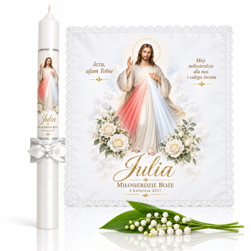 Świeca i szatka na Chrzest - Miłosierdzie Boże Jezu Ufam Tobie | Linia ŚWIATŁO PAMIĘCI™