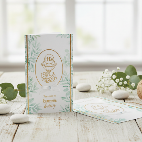 Aranżacja - Karnet EUCHARYSTYCZNY ZŁOTO–MIĘTOWY – kartka na I Komunię Świętą B6