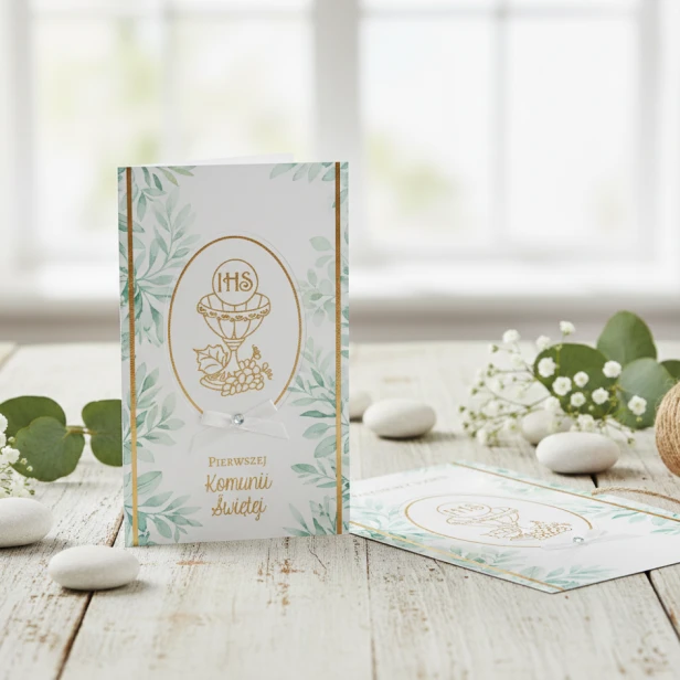 Aranżacja - Karnet EUCHARYSTYCZNY ZŁOTO–MIĘTOWY – kartka na I Komunię Świętą B6