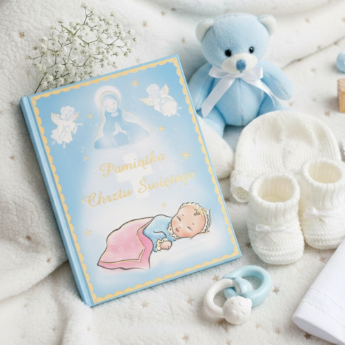 Aranżacja dziecięca z błękitnym albumem pamiątkowym na Chrzest Święty