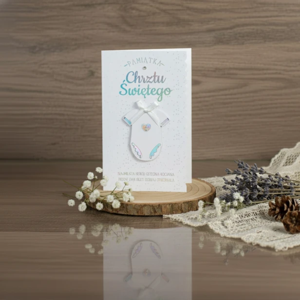 Elegancki karnet na Chrzest Święty – holograficzne body i ozdobne brzegi