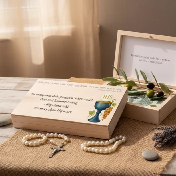Pudełko na pieniądze na Komunię Świętą – elegancki prezent w drewnianej oprawie