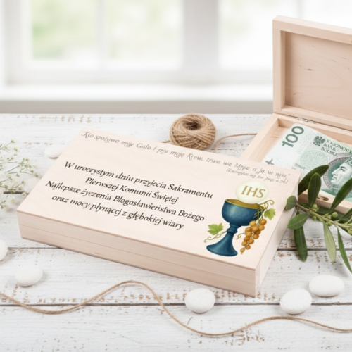 Drewniane pudełko na banknoty na I Komunię Świętą – elegancki prezent