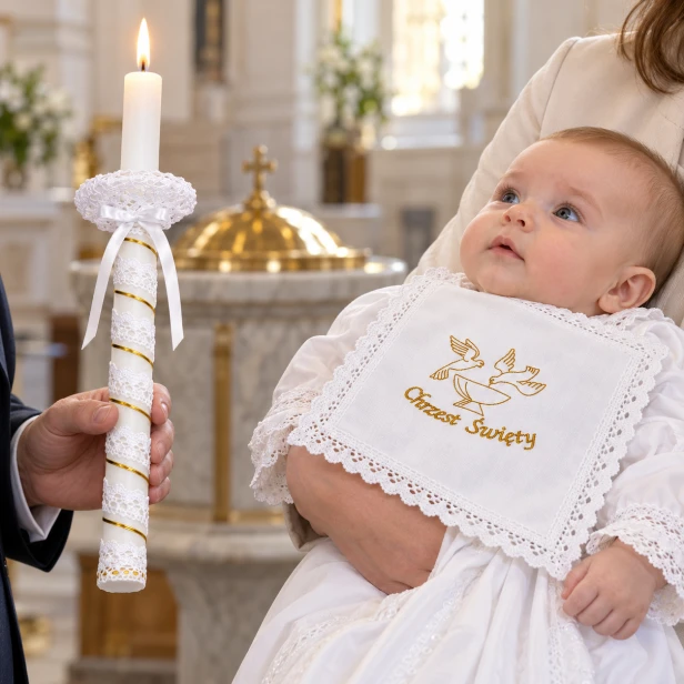 Złota świeca i chusteczka do chrztu w uzyciu