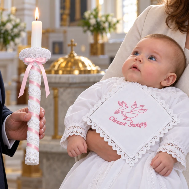 Różowy zestaw chrzcielny przy niemowlęciu