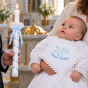 Błękitny zestaw do chrztu z gołębiami