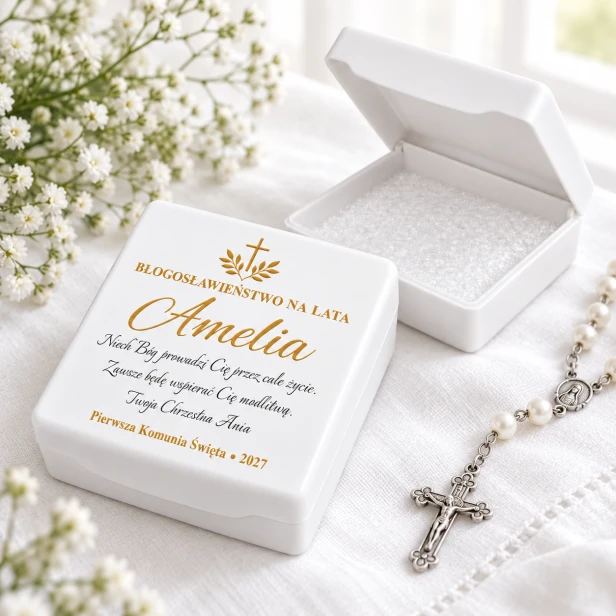 Rosarium™ Pudełko na różaniec z personalizowanym błogosławieństwem – I Komunia Święta