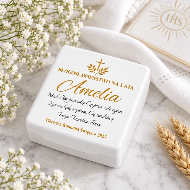 Rosarium™ Pudełko na różaniec z personalizowanym błogosławieństwem – I Komunia Święta