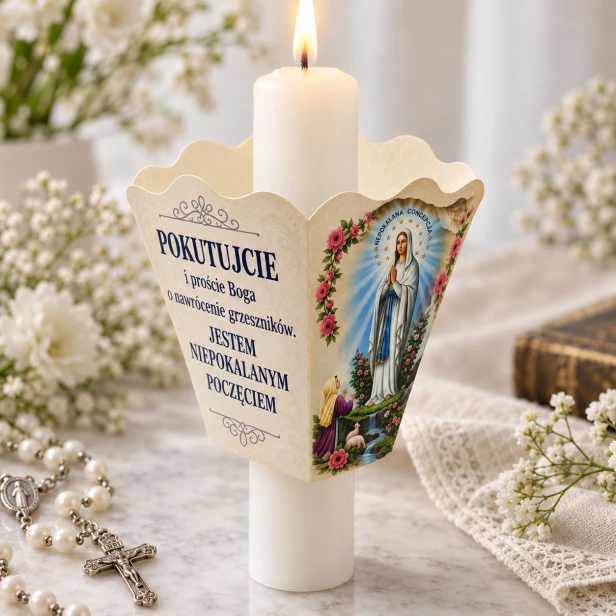 Okapnik na świecę Matka Boża z Lourdes – osłonka papierowa z modlitwą