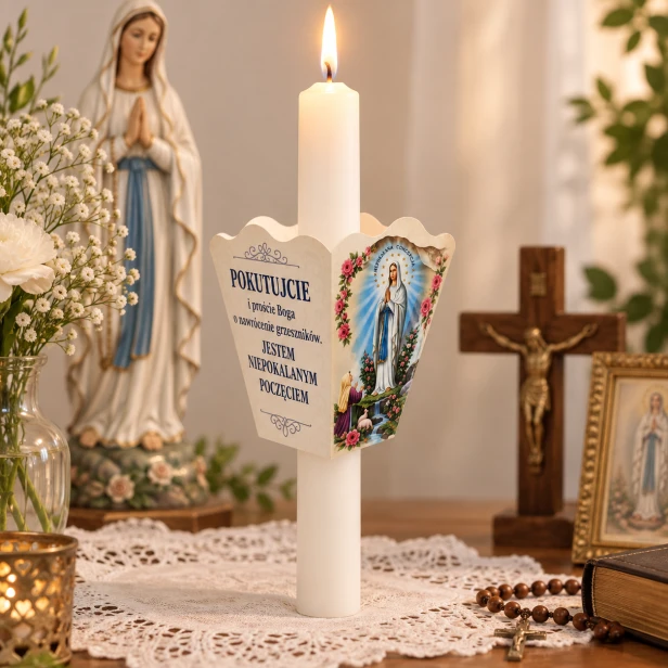 Okapnik na świecę Lourdes w zimowej aranżacji modlitewnej