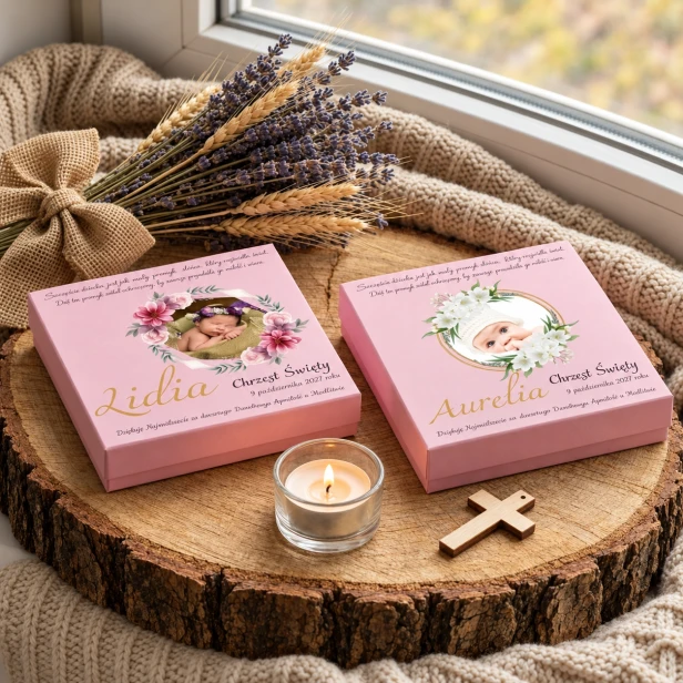 Pudełko ZE ZDJĘCIEM maleństwa - Pamiątka Chrztu PINK