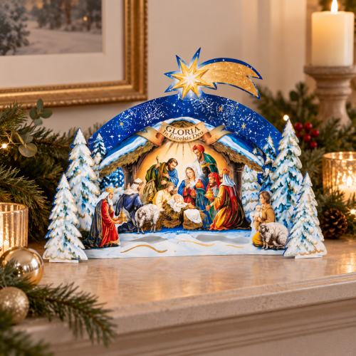 Szopka bożonarodzeniowa papierowa 3D z brokatem – 20 × 11 cm