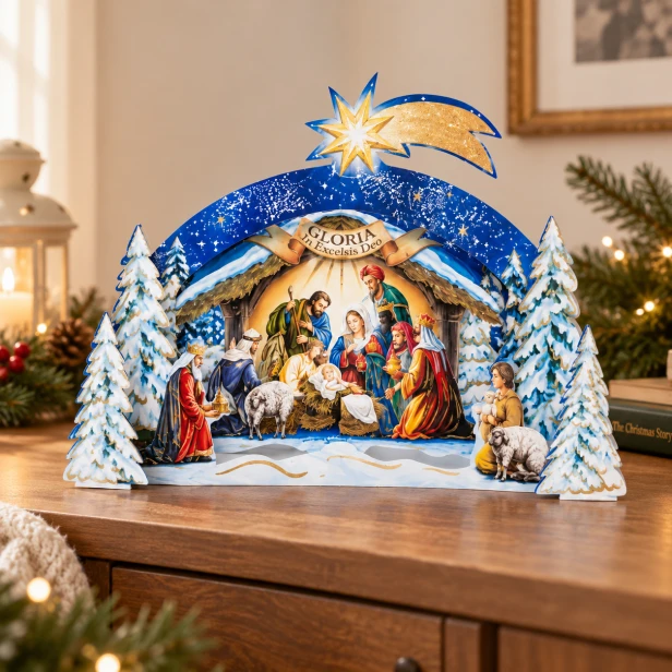 Szopka bożonarodzeniowa papierowa 3D z brokatem – 20 × 11 cm