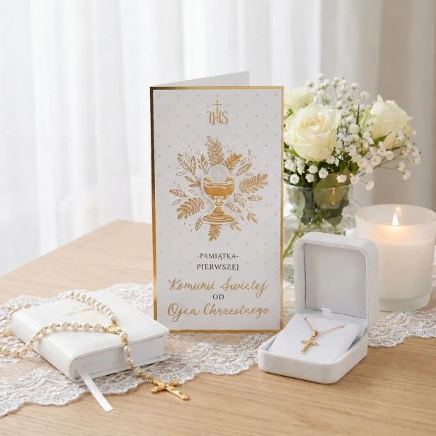 Karnet komunijny od Ojca Chrzestnego – elegancka pamiątka w jasnej aranżacji
