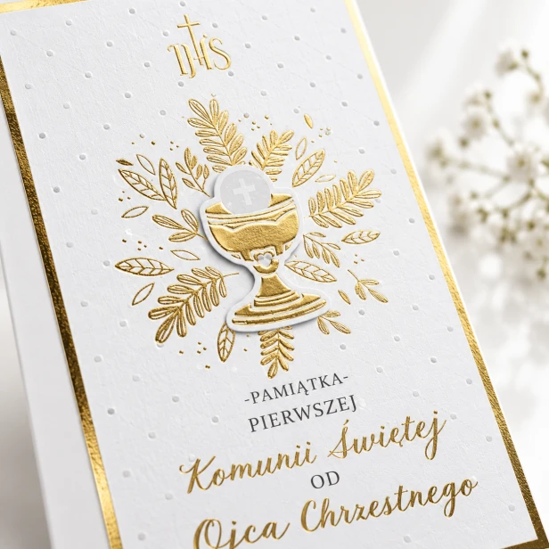 Złocona kartka komunijna od Ojca Chrzestnego – zbliżenie ornamentów