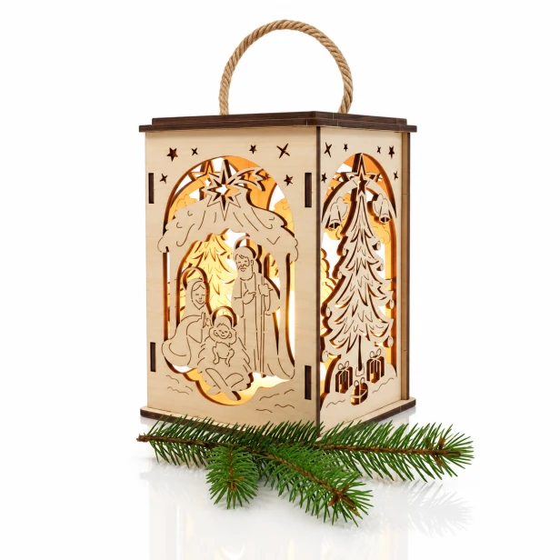 Lampion roratni drewniany LED naturalny – szopka i choinka, uchwyt